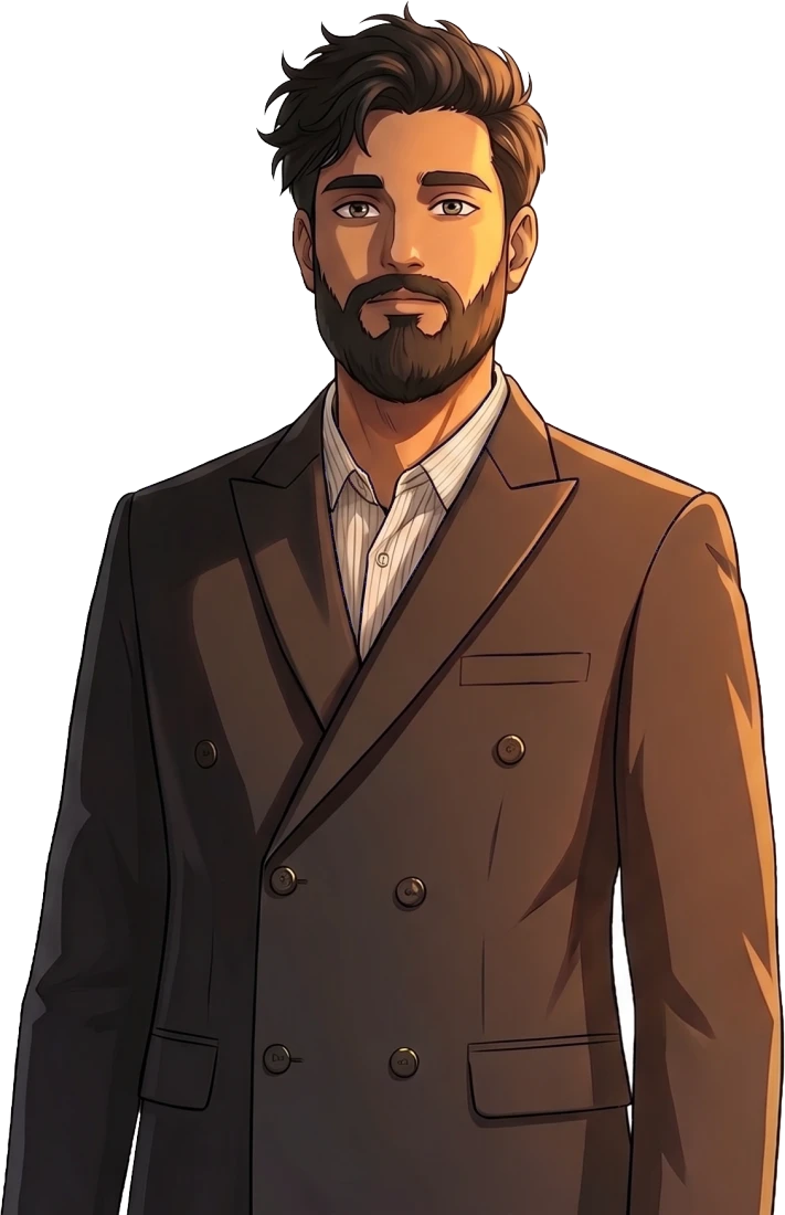Anime-style portrait of Saroz Poddar in a double-breasted suit